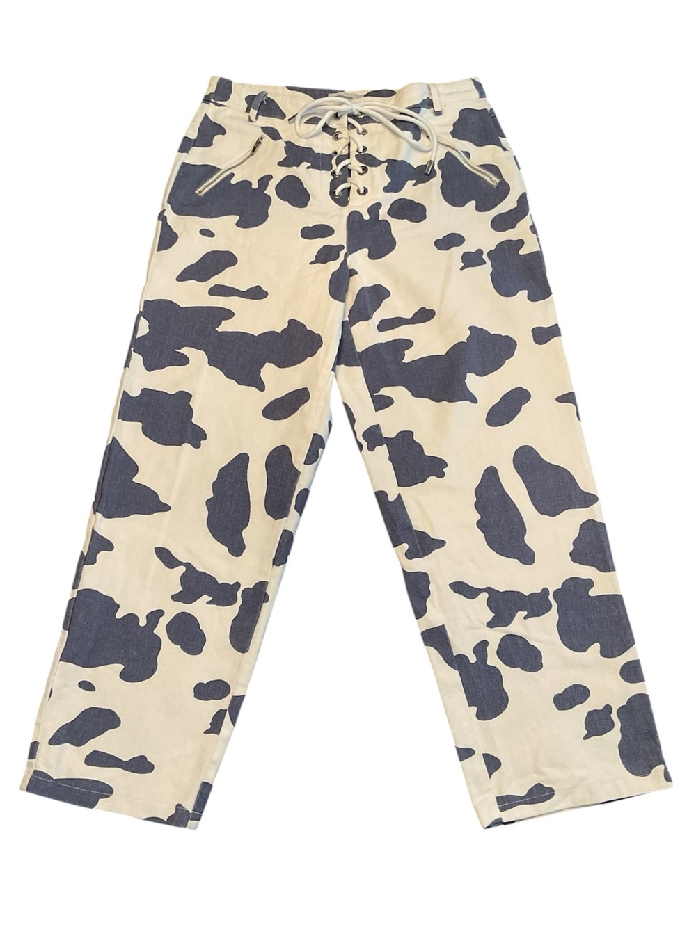 Beginning Boutique Blue & White Cow Print Lace-Up Pants, Size 12